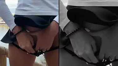 Sexy mini skirt, pussy and panties flashing before risky blowjob -Yoya Grey